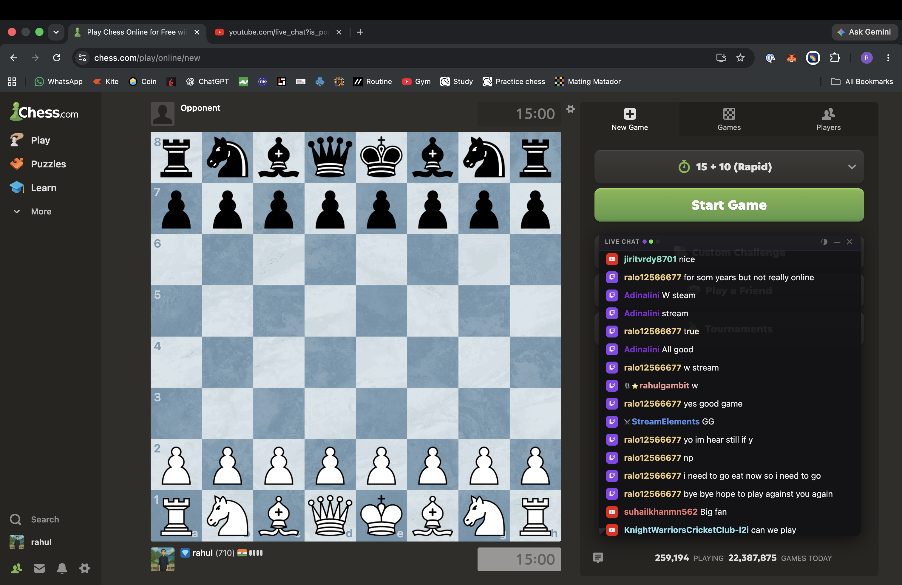 Chat Overlay running on chess.com &ndash; Twitch chat visible over the board